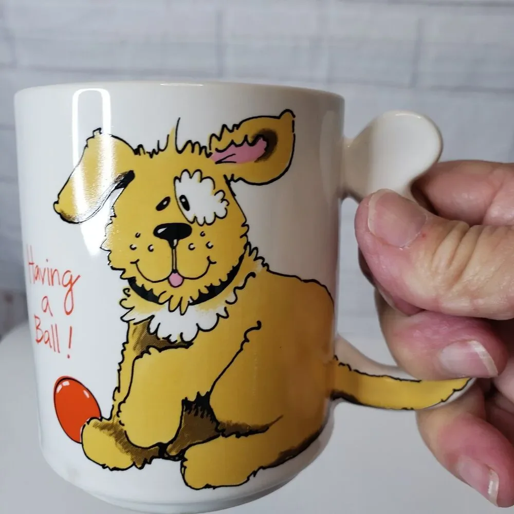 Vintage 1980s Whimsical Dog Mug Having A Ball Tail Handle Japan Excellent